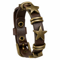 Bracciale regolabile in pelle marrone con borchie a stella in bronzo