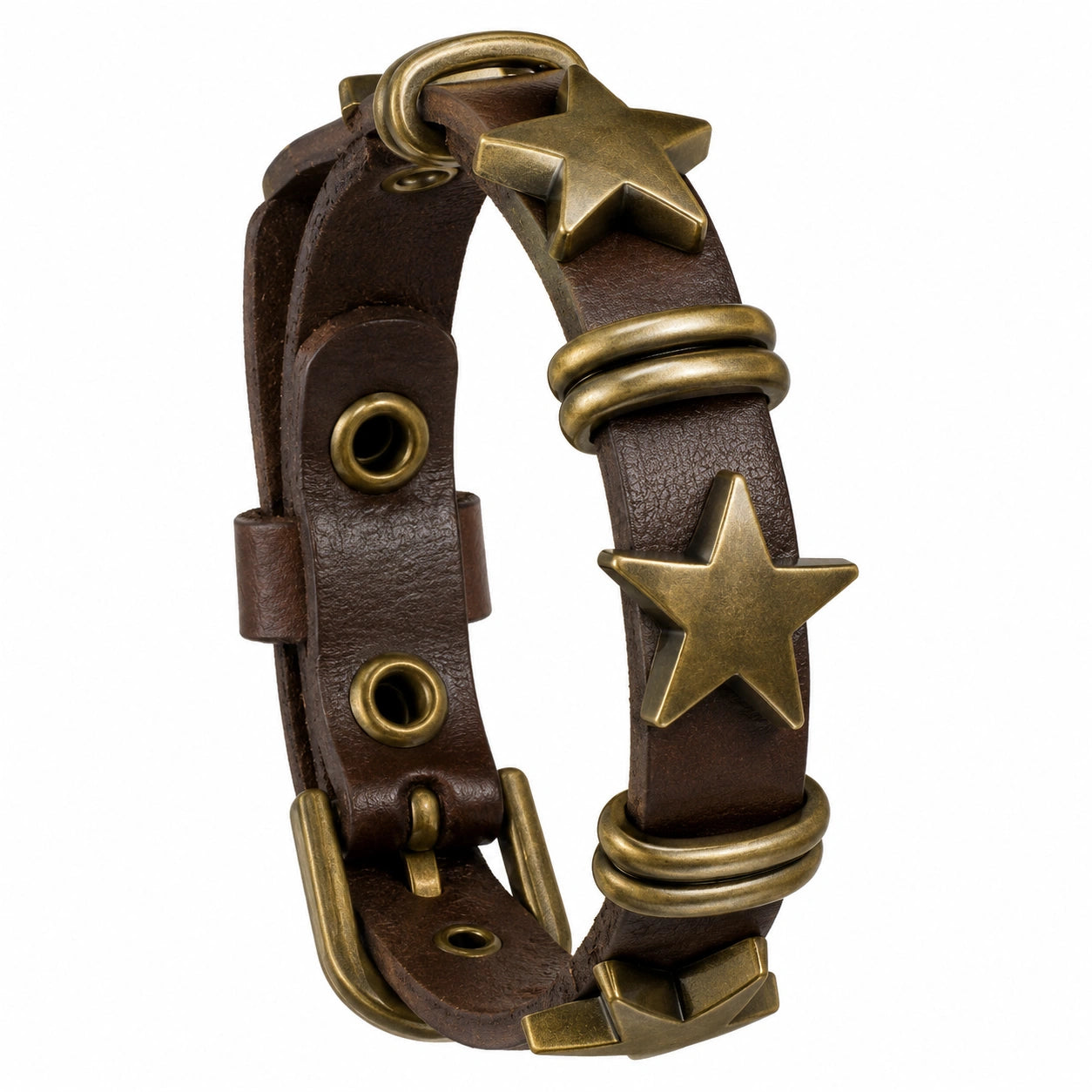 Bracciale regolabile in pelle marrone con borchie a stella in bronzo