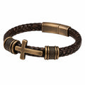 Bracciale Pelle Intrecciata con Croce in Bronzo e Chiusura Magnetica, Marrone