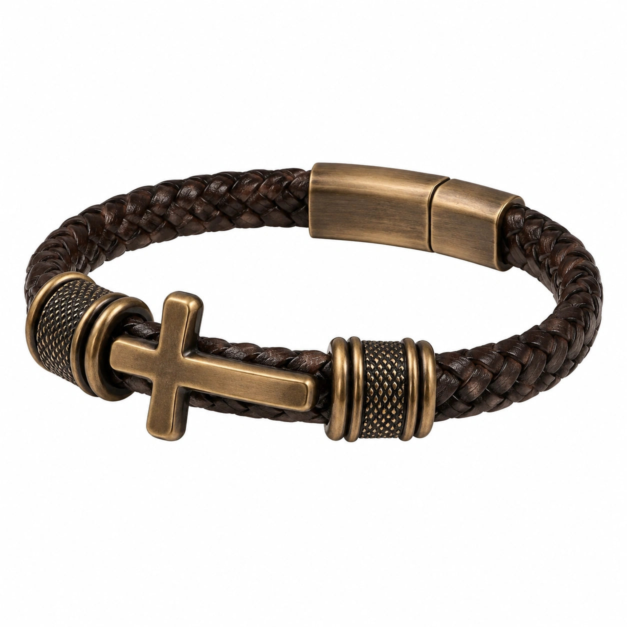 Bracciale Pelle Intrecciata con Croce in Bronzo e Chiusura Magnetica, Marrone