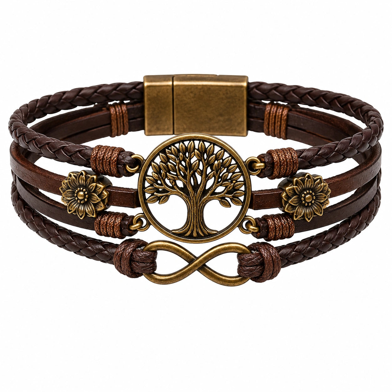 Bracciale intrecciato marrone con albero della vita e simbolo infinito
