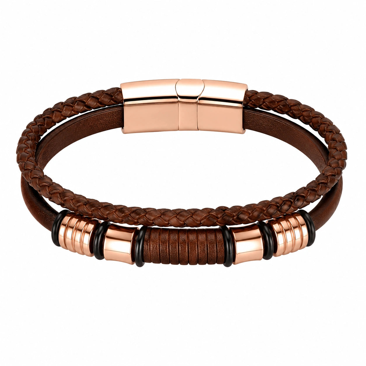 Bracciale Intrecciato Multistrato in Marrone e Oro Rosa