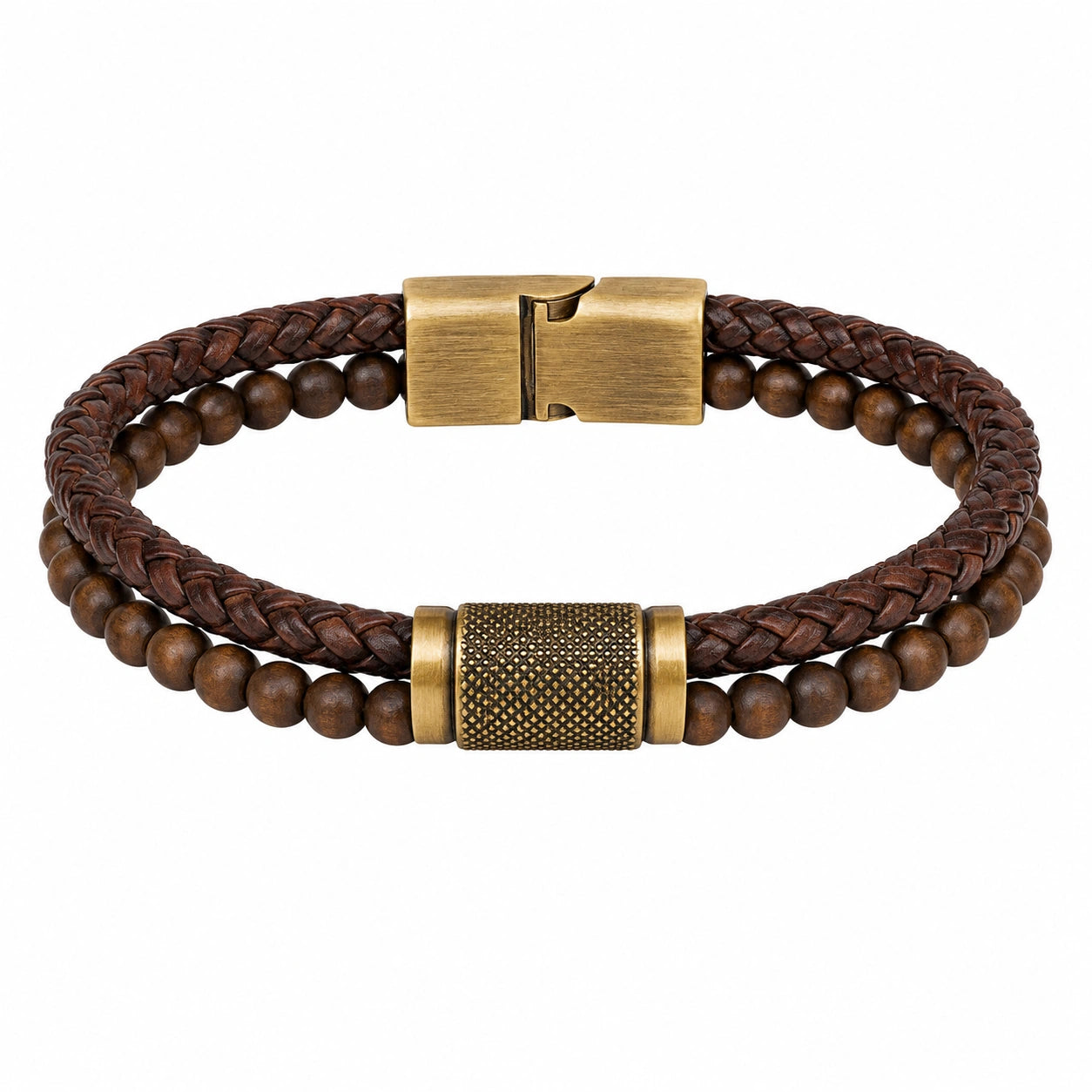 Braccialetto Intrecciato con Perline in Legno e Chiusura Magnetica Bronzo