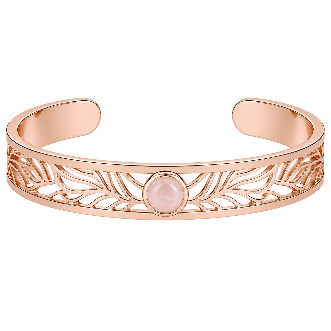 Bracciale rigido in oro rosa con motivo traforato e pietra centrale