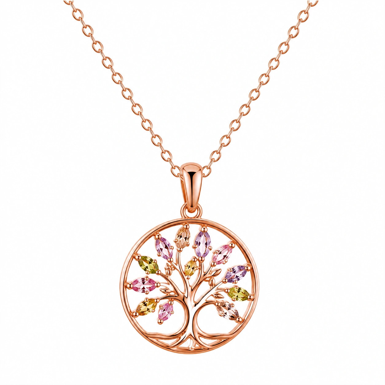 Collana con Pendente Albero della Vita in Oro Rosa e Zirconi Multicolori